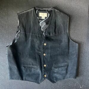 Vtg GreatLand Mens 2XL Black Suede Leather Vest Western Biker Button Front Moto